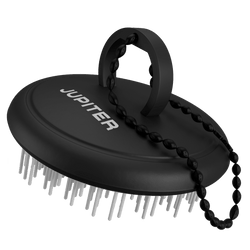 Black exfoliating scalp brush with white bristles